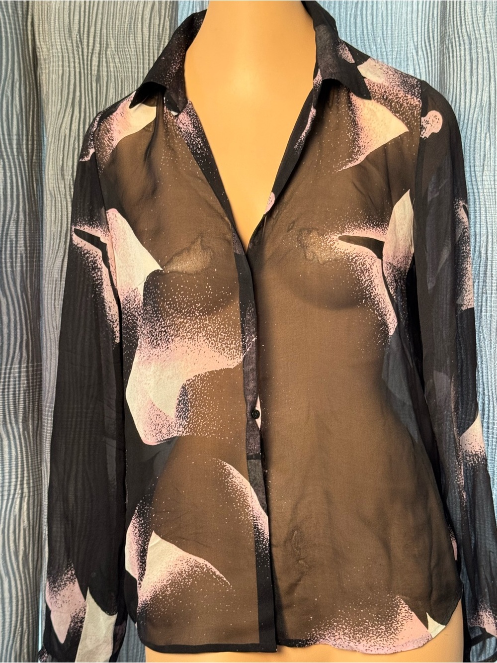 DIANE Von FURSTENBURG Sheer Black Button-Front Women’s with Pale Pink Print